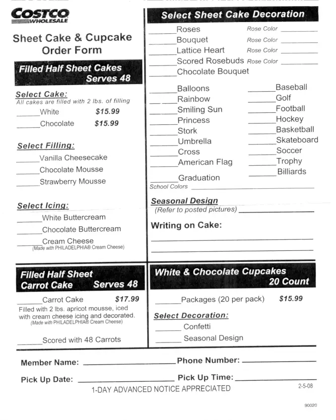 costco cupcake order form