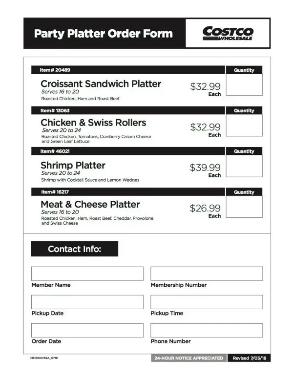 Costco catering ordering form